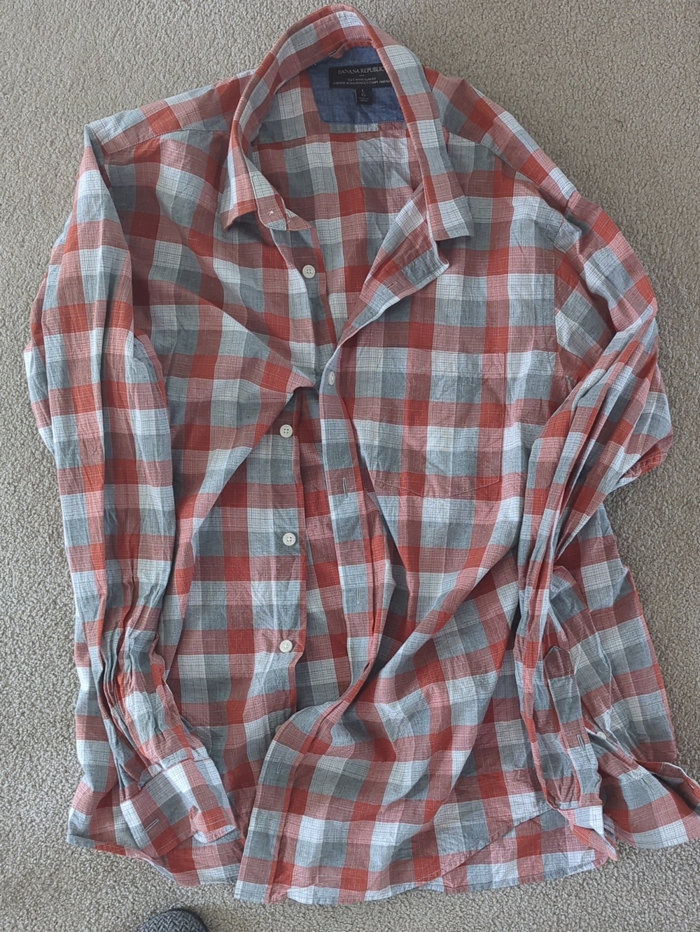 Banana Republic Men's Rust and Light Gray Check Button-Down Shirt